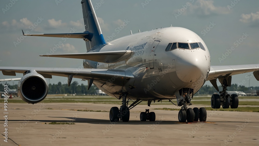 Wall mural cargo plane landing smoothly with crew unloading at the airport.