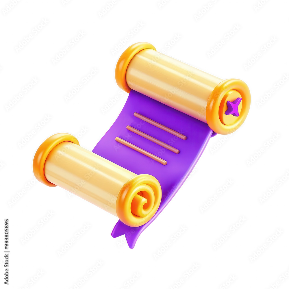 Poster a vibrant 3d model of a scroll with golden ends and a purple body, set against a black background. i