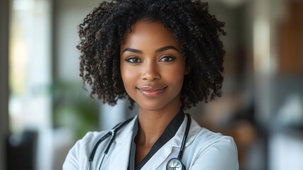 smiling black woman doctor in a clinical setting exuding trust and professionalism the image captures her confidence and compassion in healthcare