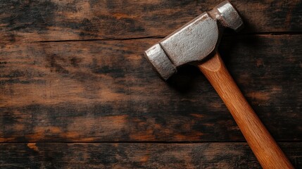 A sturdy metal hammer with a wooden handle resting on a rustic dark wooden surface, symbolizing the readiness for construction or repair work. Essential tool for DIY projects.