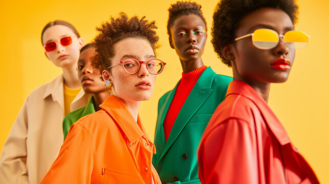 A vibrant fashion editorial shoot featuring diverse group of models showcasing bold colors and stylish eyewear. energetic atmosphere highlights contemporary trends and unique styles