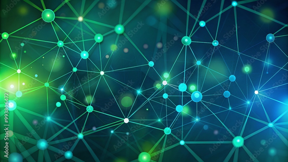 Aufkleber abstract representation of network connections with glowing nodes and lines on blue and green bokeh 