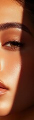 Fototapeta premium The closeup of a beauty model with flawless skin and natural makeup, soft lighting highlighting facial features, elegant and serene expression, perfect for skincare or cosmetics