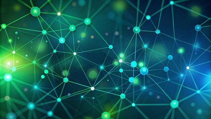 Abstract representation of network connections with glowing nodes and lines on blue and green bokeh background. Futuristic abstract representation of digital network with glowing nodes and flowing.