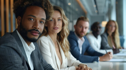 Obraz premium A diverse group of modern business professionals engaged in meeting, showcasing collaboration and focus. Their expressions reflect determination and teamwork in contemporary office setting