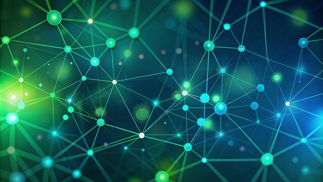 Abstract representation of network connections with glowing nodes and lines on blue and green bokeh background. Futuristic abstract representation of digital network with glowing nodes and flowing. - Powered by Adobe