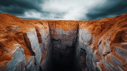 A dramatic photo of a massive, rugged earthy pit under a cloudy sky, capturing the rugged and raw essence of nature's impressive geological formation.