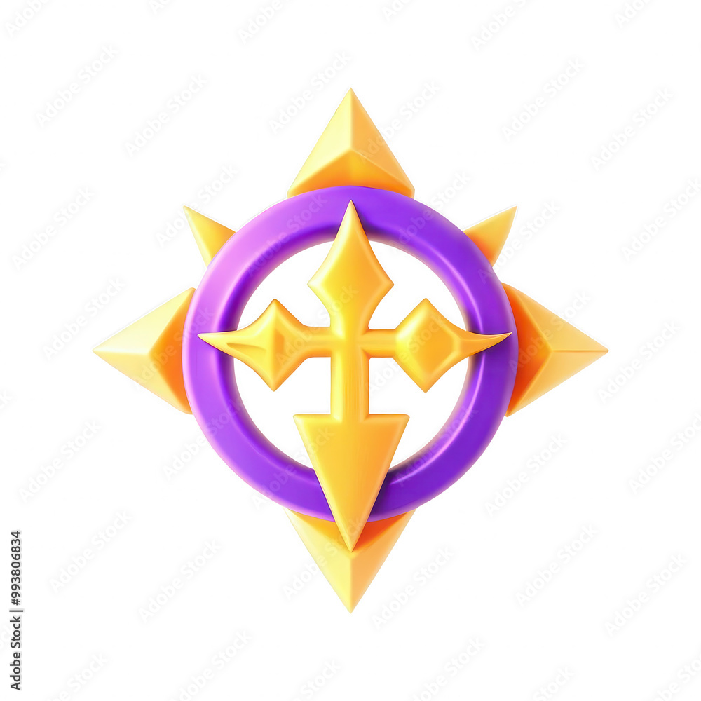 Poster a vibrant 3d symbol featuring sharp edges and a circular purple background, characterized by four ye