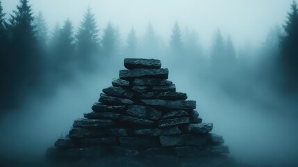 A meticulously arranged stone cairn rises from the ground, creating a symmetrical structure enveloped by dense fog amidst a forest backdrop, exuding an aura of mystery and balance.