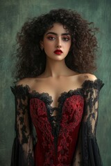 Fototapeta premium Portrait of a Middle Eastern woman with curly hair, wearing a glamorous red and black vampire gown, copy space, in a pale green and charcoal gray studio background, Halloween theme, mysterious 