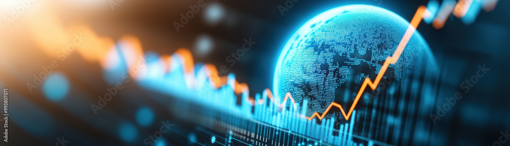 Poster dynamic financial growth visualization showcasing a glowing globe and upward trends in data analysis