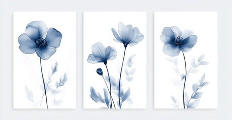 3 pieces of blue floral art prints, simple style, on a white background.