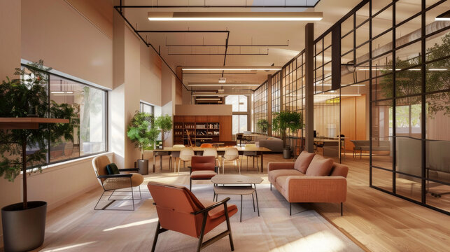 A modern hybrid office space designed for both remote work and collaboration, featuring comfortable seating, greenery, and bright, open layout that promotes productivity and creativity