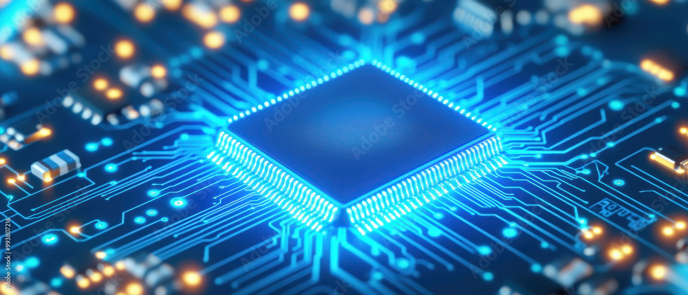 Aufkleber detailed close-up of a modern microchip with glowing circuitry, representing advanced technology and