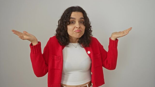 Young hispanic woman standing with clueless and confused expression and doubting arms gesture over isolated white background