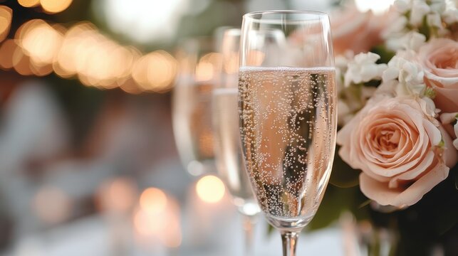Close-up of champagne glasses with bubbles, adorned with soft-colored roses in the background, highlighting an elegant and festive setting with glowing lights.