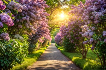 Fototapeta premium Pathway lined with blooming lilacs and sunlight