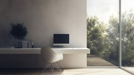 A minimal home office with a large, unobstructed window providing natural light. The clean white desk and ergonomic chair are placed to maximize brightness and focus