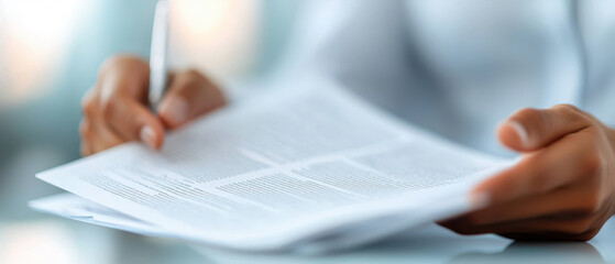 Close-up view of hands holding document and pen, symbolizing business, paperwork, and professional communication.