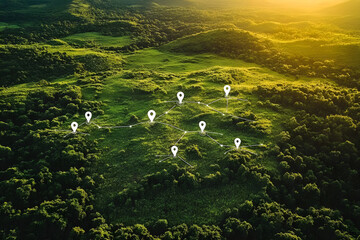 Aerial view of land is depicted with network markers indicating the planning and connectivity of land development.