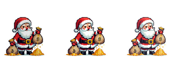 A pixel art illustration of Santa Claus with bags of money, symbolizing holiday wealth and festive cheer. Perfect for Christmas themes and financial concepts.