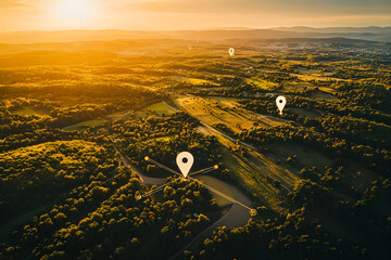 Aerial view of land is depicted with network markers indicating the planning and connectivity of land development.