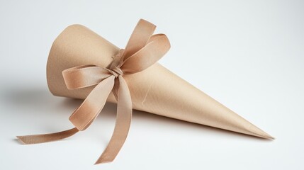 Fototapeta premium A plain brown paper cone is wrapped with a light brown ribbon, set against a white background.