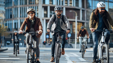Businesspeople commuting on electric bikes in an urban setting, showcasing modern and eco friendly lifestyle. scene captures sense of teamwork and efficiency as they navigate city streets