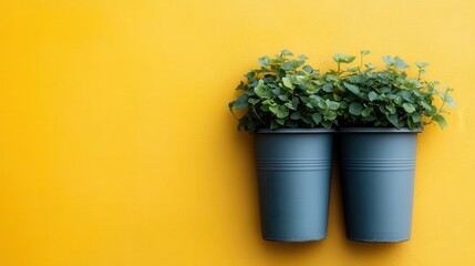 Two blue pots, side by side, filled with lush green plants are hung on a vibrant yellow wall, creating a striking visual with a pleasing blend of colors and textures.