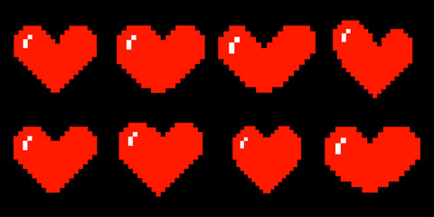 Pixelated red love icon design. 8 bit hearts for social media, posters, etc.
