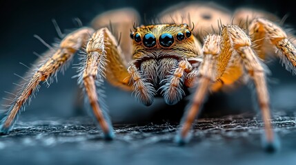 Fototapeta premium Image of a spider in close-up, showcasing its detailed face and unique features, including its eyes, fangs, and the intricate texture of its body.