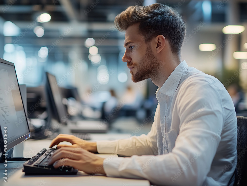 Poster busy office worker typing at a computer, focused expression.a man is seated at a desk typing on a co