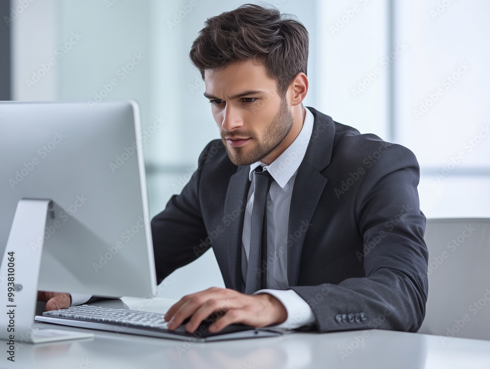 Poster busy office worker typing at a computer, focused expression.a man wearing a suit and tie is seated a
