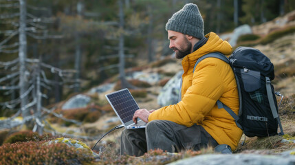 A digital nomad is using solar powered laptop outdoors, surrounded by nature. scene captures essence of remote work in serene environment, showcasing blend of technology and great outdoors