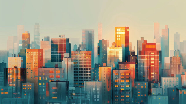 A vibrant cityscape featuring mix of illustrated buildings, showcasing blend of colors and architectural styles. warm hues create lively atmosphere, perfect for urban themes