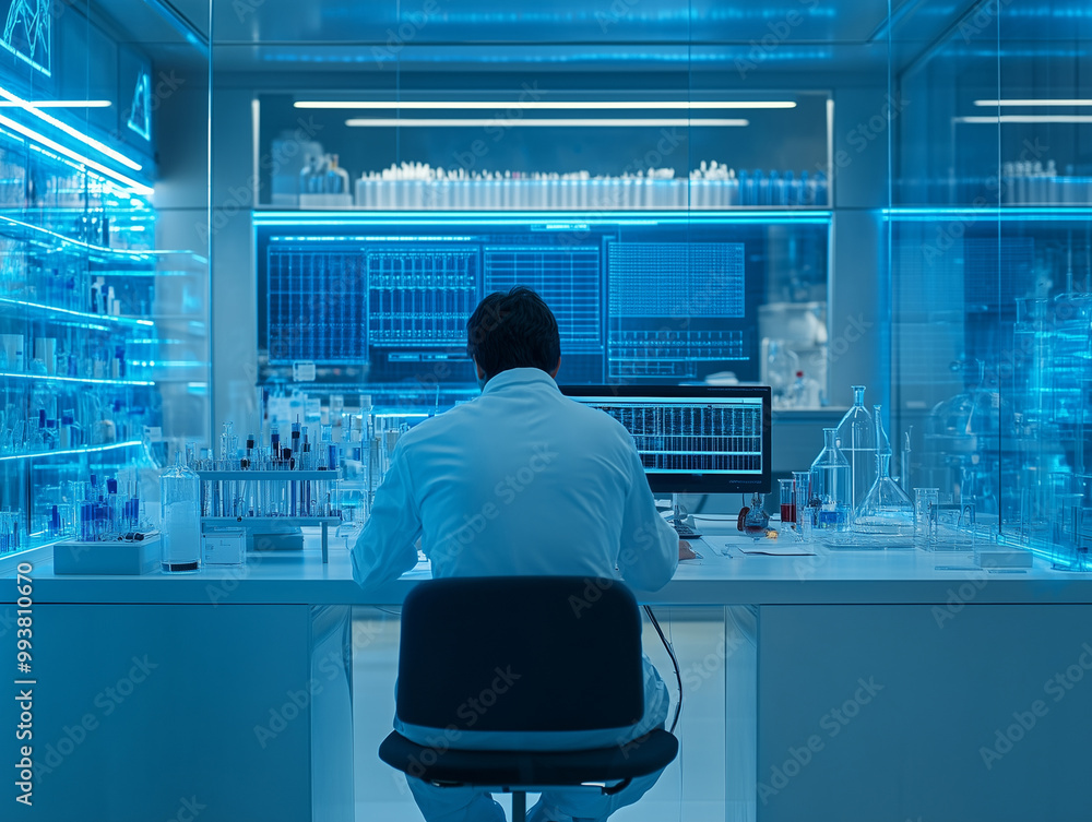 Poster scientist working in a high-tech laboratory, intense concentration.a man wearing a lab coat is sitti
