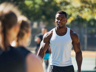 Sports coach motivating athletes during a training session.A man in a white tank top talks to a woman on a court