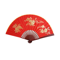 An elegant red Chinese hand fan with gold landscape design and a tassel. Ideal for cultural events, home decor, or fashion accessories.
