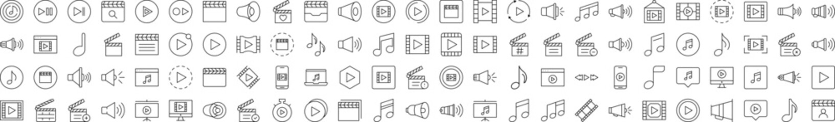 Media Player Line Icon Bundle. Modern Collection for Design, Web Sites, Apps, Cards. Contains Linear Images of Clapperboard, Musical Note, Loud Speaker