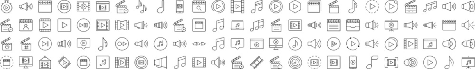 Media Player Line Icon Set. Modern Collection for Design, Web Sites, Apps, Cards. Contains Linear Images of Clapperboard, Musical Note, Loud Speaker
