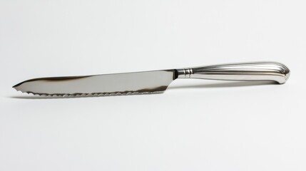 Fototapeta premium A shiny, silver table knife with a serrated edge and a metal handle. It's photographed against a plain white background.