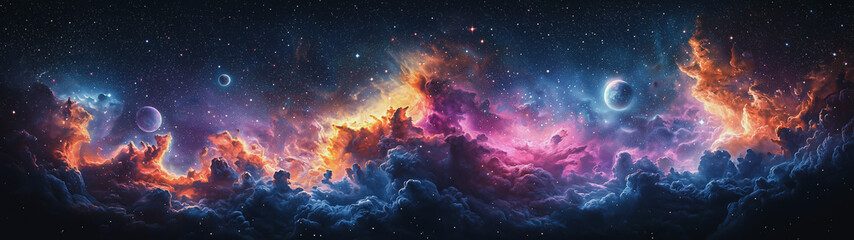 A cosmic scene filled with swirling clouds of color and nebulae, with distant planets and stars scattered throughout. The vivid hues of blue, purple, and pink create an otherworldly view of space.