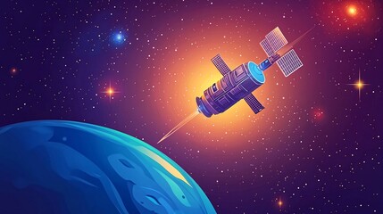 A cartoon satellite orbiting a planet in space, surrounded by stars.