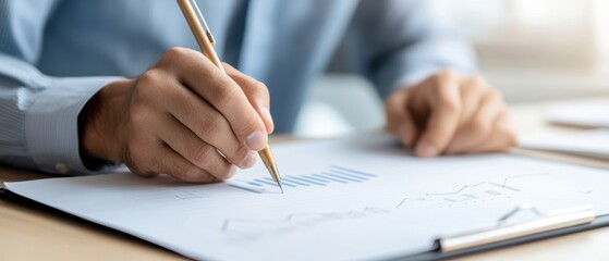 Naklejka premium A close-up of a person drawing a graph with a pencil on paper, symbolizing analysis and planning in a professional setting.