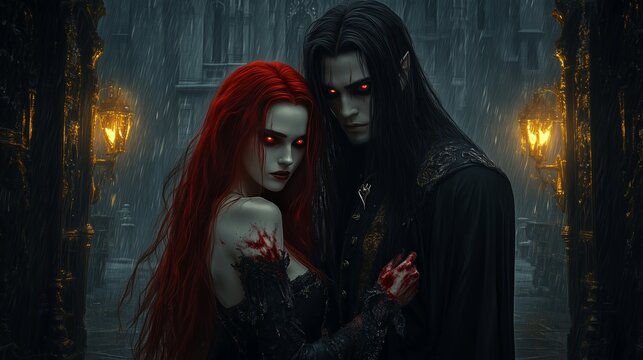 Dark romance between a vampire couple under streetlamps in a rainy gothic setting