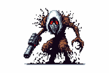 A pixel art depiction of a menacing hooded monster holding a weapon. Features dark tones and red eyes for a mysterious and ominous atmosphere. © MARI LI