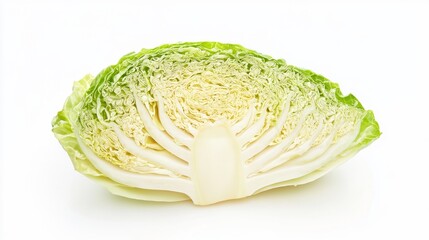 A single slice of savoy cabbage sits on a white background.