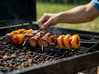 Close-up of a man preparing a barbecue.