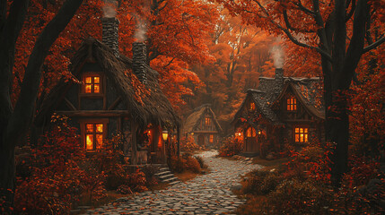 A charming village nestled in a forest during autumn, with cottages surrounded by vibrant red and orange trees. Cobblestone streets and a soft evening glow give the scene a warm, inviting feel.