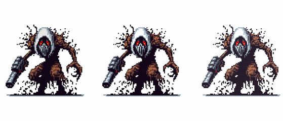 A pixel art depiction of a menacing hooded monster holding a weapon. Features dark tones and red eyes for a mysterious and ominous atmosphere.